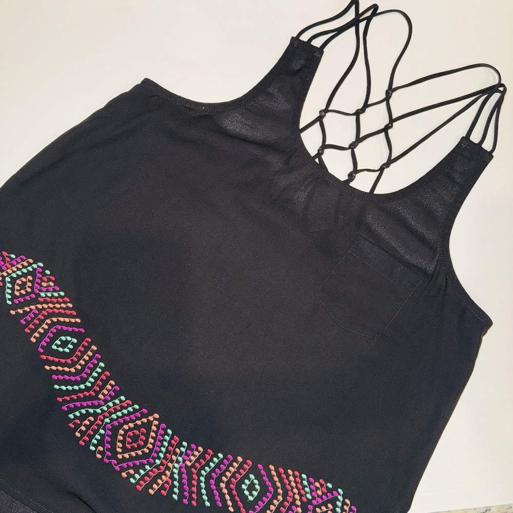 ROPER Women's Black Tank Top S Small Aztec Embroidered Cage Strappy Back Chiffon